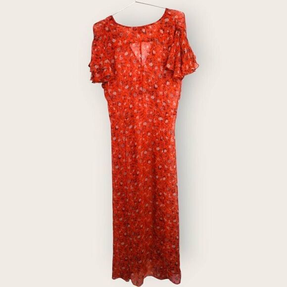 French Connection Midi Sz 12 Sheer‎ Chiffon Tea Flutter Sleeve Dress Pumpkin - Picture 2 of 12